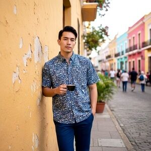 Catchit Men’s Dark Blue Floral Button Down Shirt in Large